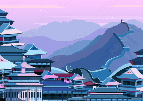 Great wall of China with buildings