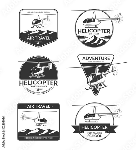 Set of helicopter logos, labels, design elements in vintage style