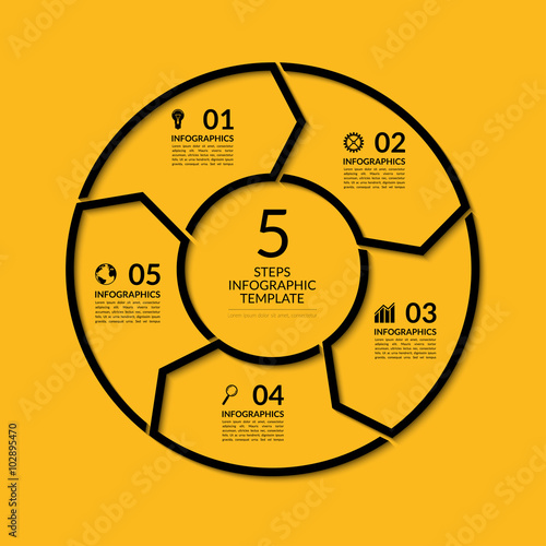 Infographic circle template. Simple black concept banner with 5 options, steps, parts. Can be used for graph, report, presentation, diagram, chart, web design