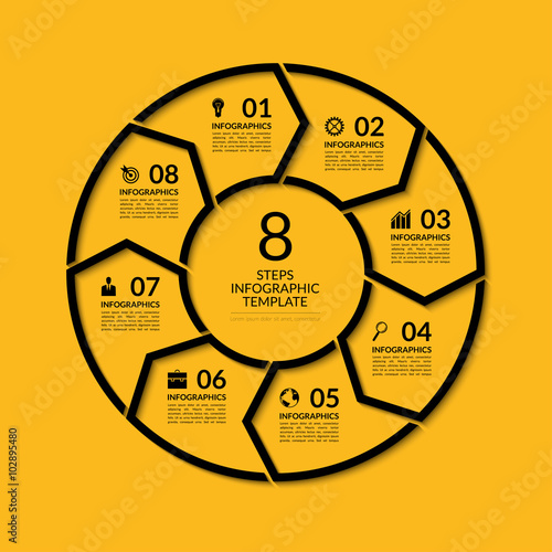 Infographic circle template. Simple black concept banner with 8 options, steps, parts. Can be used for graph, report, presentation, diagram, chart, web design