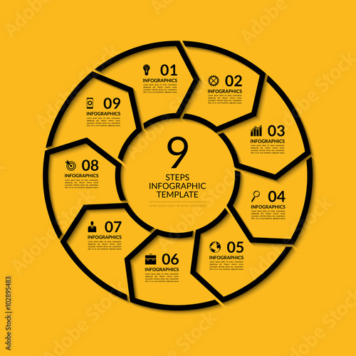 Infographic circle template. Simple black concept banner with 9 options, steps, parts. Can be used for graph, report, presentation, diagram, chart, web design