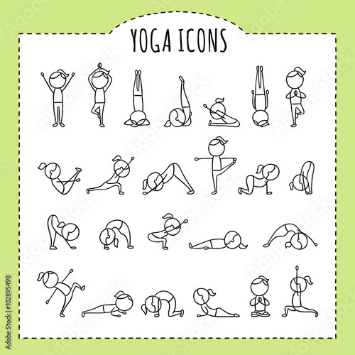 Hand drawn yoga poses. Yoga asanas. Gymnastics exercises, stretching and meditation. Healthy lifestyle sport icons