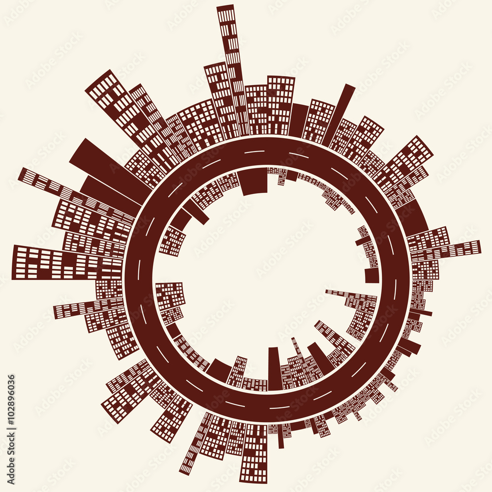 City Planet chocolate day, a stylized illustration of an urban planet, with an inside and an outside separated by a never ending circular road, by a clear and chocolate day