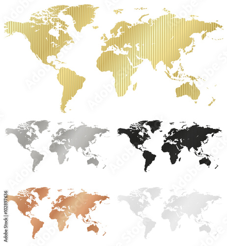 vector map of the world made of corrugated metal copper gold silver black White