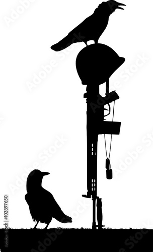 a rifle with crows sitting on it 