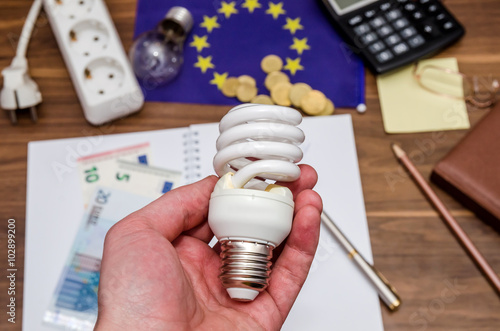 Light bulbs with calculator and euro coins, empty notepad