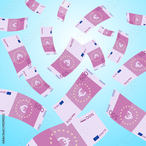 Money falling from sky on blue background. 500 Euro banknotes falling. Vector Illustration.