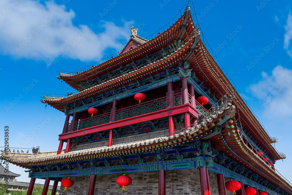ancient tower at dusk in xian city wall ,China ancient tower at dusk in xian city wall ,China
