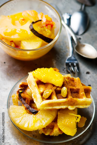 waffle with  apples and fruit
