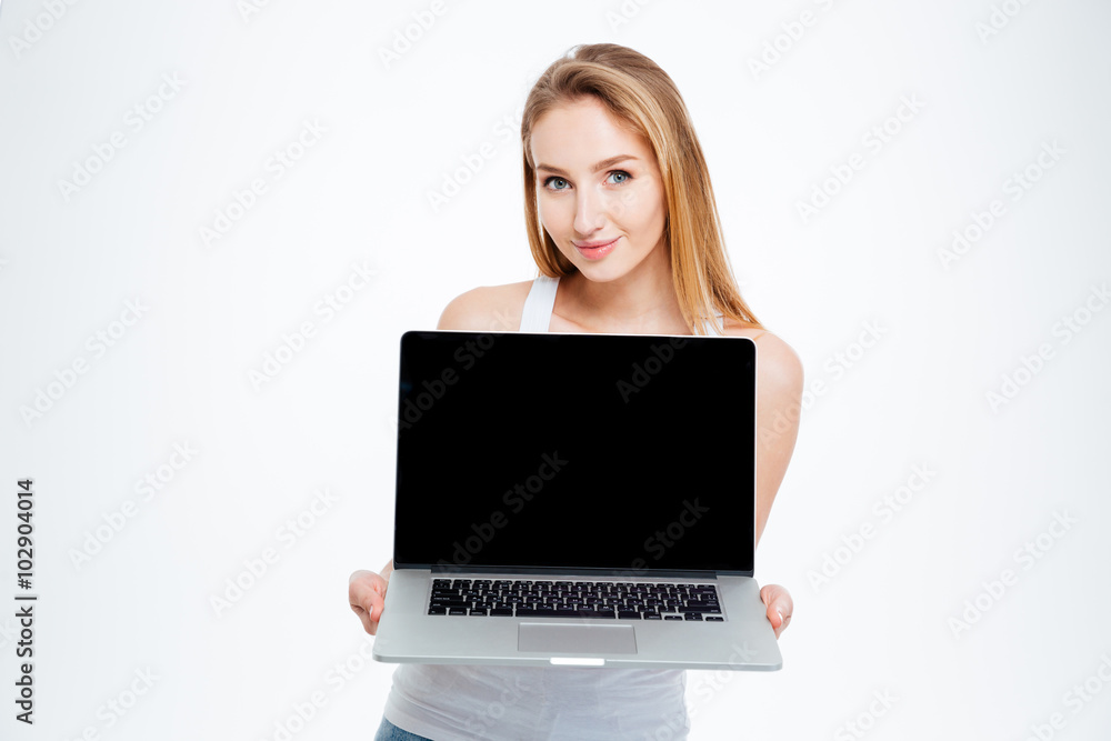 Cute woman showing laptop computer screen Cute woman showing laptop computer screen
