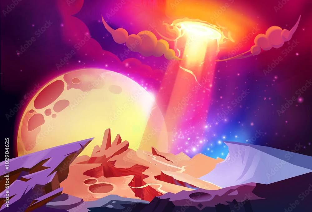 Illustration: The Magnificent Cosmos Wonders on a Alien Planet. Story with Fantastic Cartoon Style Scene Wallpaper Background Design.
