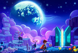 Illustration: The kid try to hack a planet's Core Energy System and steal energy for his home planet which is falling apart. Realistic Cartoon Style. Sci-Fi Scene / Wallpaper / Background Design.
