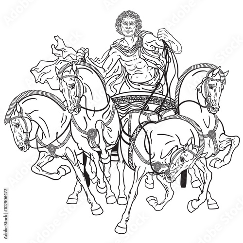charioteer in a roman quadriga chariot pulled by four horses harnessed abreast . Black and white illustration 