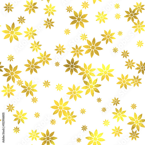 Gold glittering foil seamless pattern background with flowers