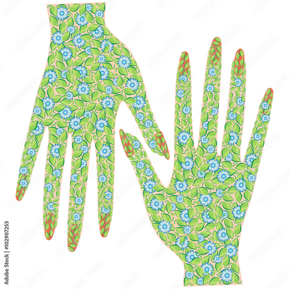 Two hands covered with spring leaves and flowers. Vector illustration. Two hands covered with spring leaves and flowers. Vector illustration.