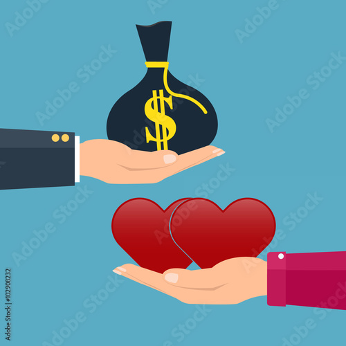 Man giving money to woman couple and woman giving love red heart.