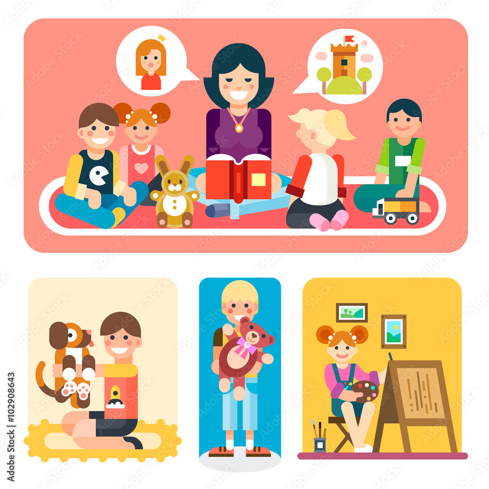 Happy people in the kindergarten. Happy children studying with a wise teacher. Boy playing with dog, girl making a beautiful painting. Flat vector illustration set.
Happy people in the kindergarten. Happy children studying with a wise teacher. Boy playing with dog, girl making a beautiful painting. Flat vector illustration set.