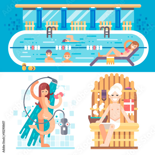 Welcome to the Swimming pool! People having a lot of fun visiting it! Sexy girl having a hot shower, relaxing guy in a sauna, sporty people swimming. Flat vector illustration cartoon.
