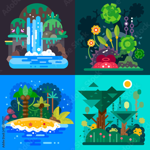 Four Fantastic jungle landscapes with a tropical bushes, paradise island, mystical waterfall and rain forrest. Flat vector illustration set.
