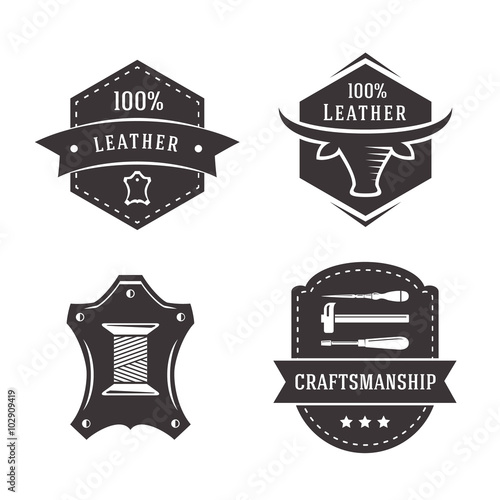 Vector vintage genuine leather labels set. Craftsmanship signs
