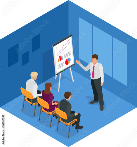 Training concept, business man. Flat design illustration for business, consulting, finance, management, career meeting partnership planning conference coaching. Flat 3d vector isometric illustration