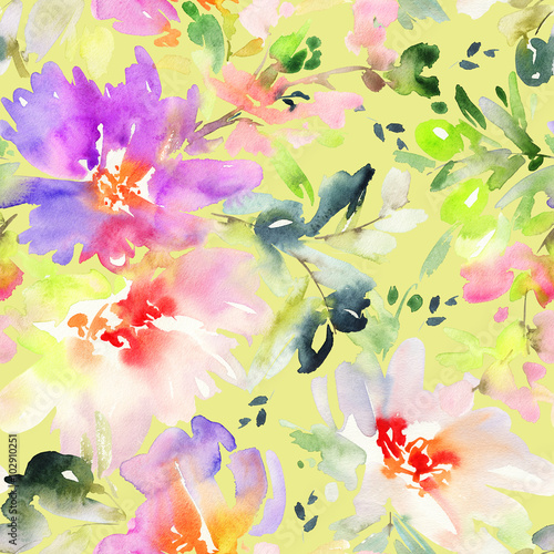 Seamless pattern with flowers watercolor. Gentle colors.  © Karma