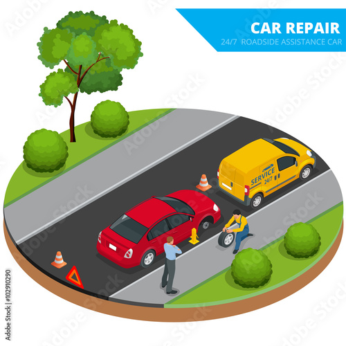 Roadside assistance car. Man changing wheel on a roadside. Auto service. Protection of car. Insurance accident car on road. Vector 3d flat isometric illustration