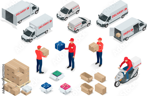 Free delivery, Fast delivery, Home delivery, Free shipping, 24 hour delivery, Delivery Concept, Express Delivery, delivery man. Flat 3d vector isometric illustration
