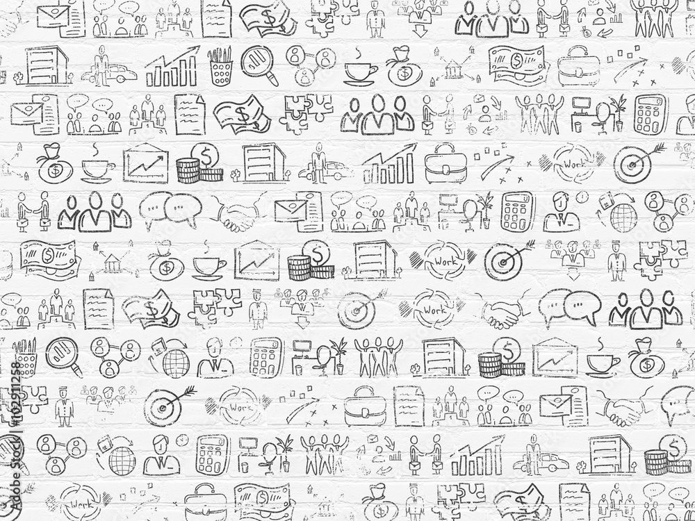 Grunge background: White Brick wall texture with Painted Hand Drawn Business Icons