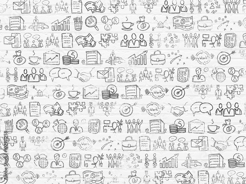 Grunge background: White Brick wall texture with Painted Hand Drawn Business Icons