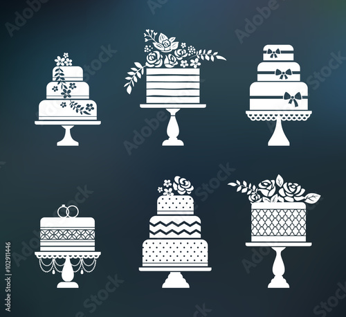 Vector wedding, birthday flower cakes set. Sweet bakery