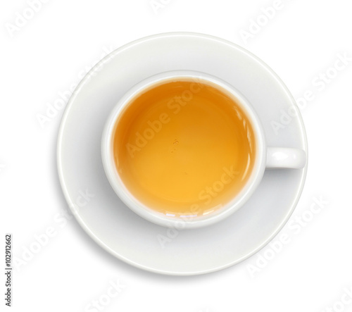 white cup with tea isolated on white