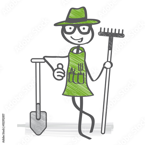 Gärtner mit Spaten und Harke