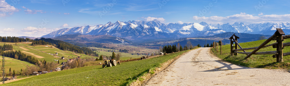 South Poland Panorama with snowy Tatra mountains in spring,
