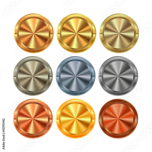 vector Collection of round knobs of different kinds of metal gold silver platinum copper bronze brass aluminum with centric circles