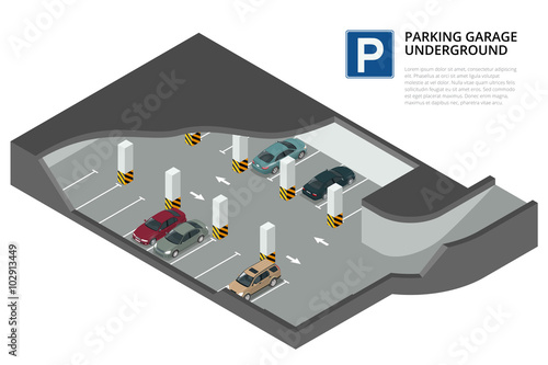 Underground parking with cars. Indoor car park. Urban car parking service. Flat 3d isometric vector illustration for infographic. 