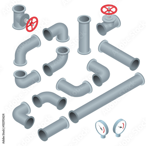 Vector 3d flat isometric illustration collection of detailed Construction Pieces pipes, fittings, gate valve, faucet, ells