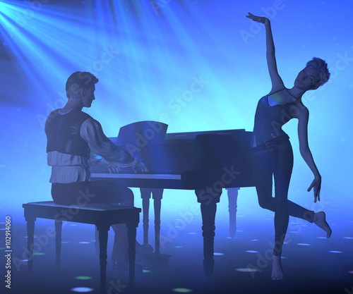 Young attractive performers on blue lighted stage. 3d illustration.