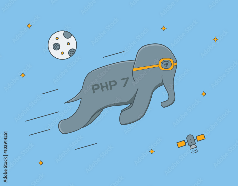 PHP 7 programming language conceptual illustration. Quick flying ...