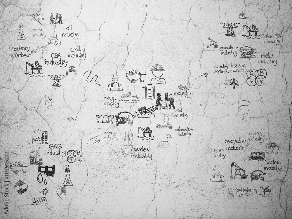 Grunge background: wall texture with Painted Hand Drawn Industry Icons Grunge background: wall texture with Painted Hand Drawn Industry Icons