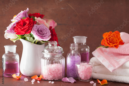 spa aromatherapy with rose flowers essential oil salt