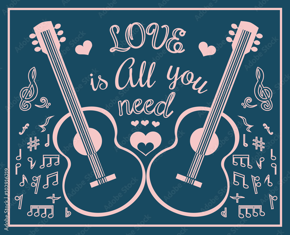 Romantic gift card, guitar silhouette, hearts. Lettering Love is all you  need. Flat pastel colors. Template for design of poster, decoration, event,  festival, party. Vector illustration. Stock-Vektorgrafik | Adobe Stock