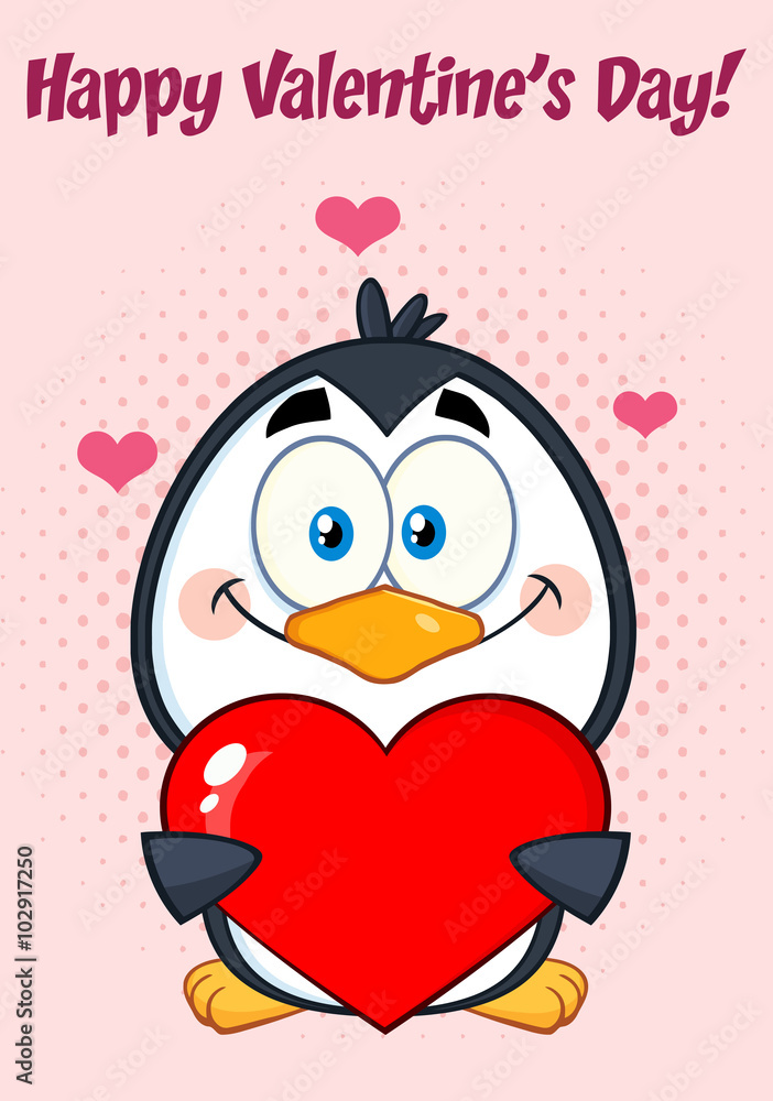 Cute Penguin Cartoon Character Holding Valentine Love Heart