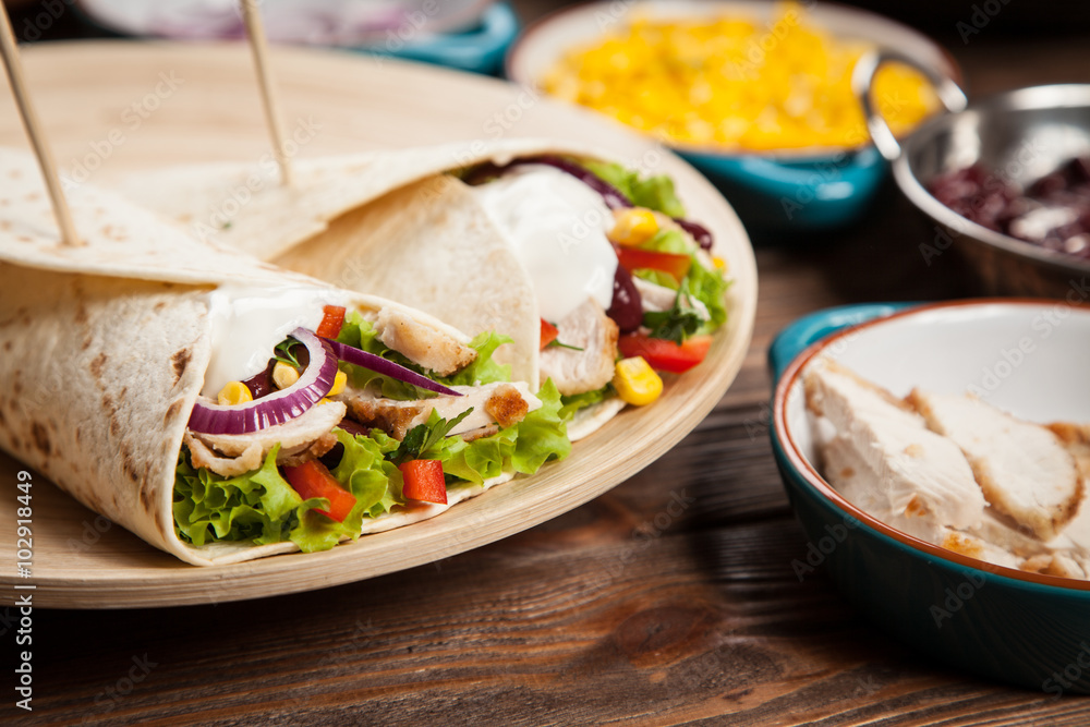 Tortilla with a mix of ingredients Tortilla with a mix of ingredients