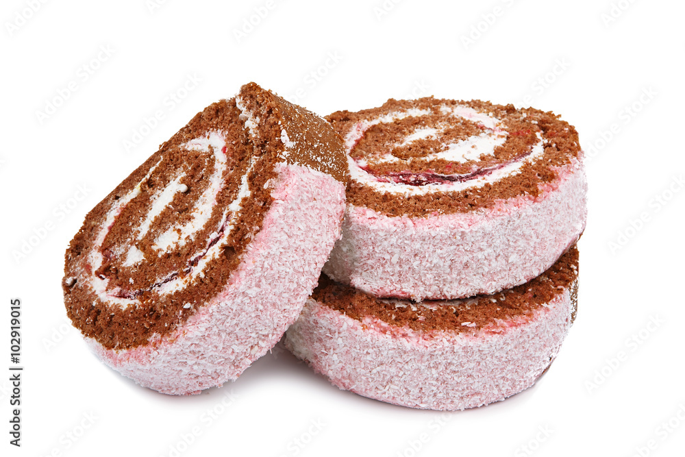 Slices of sweet roll cake isolated on white background Slices of sweet roll cake isolated on white background