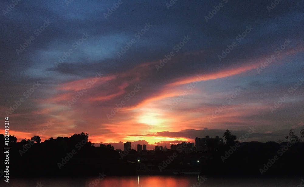City with sunset background City with sunset background