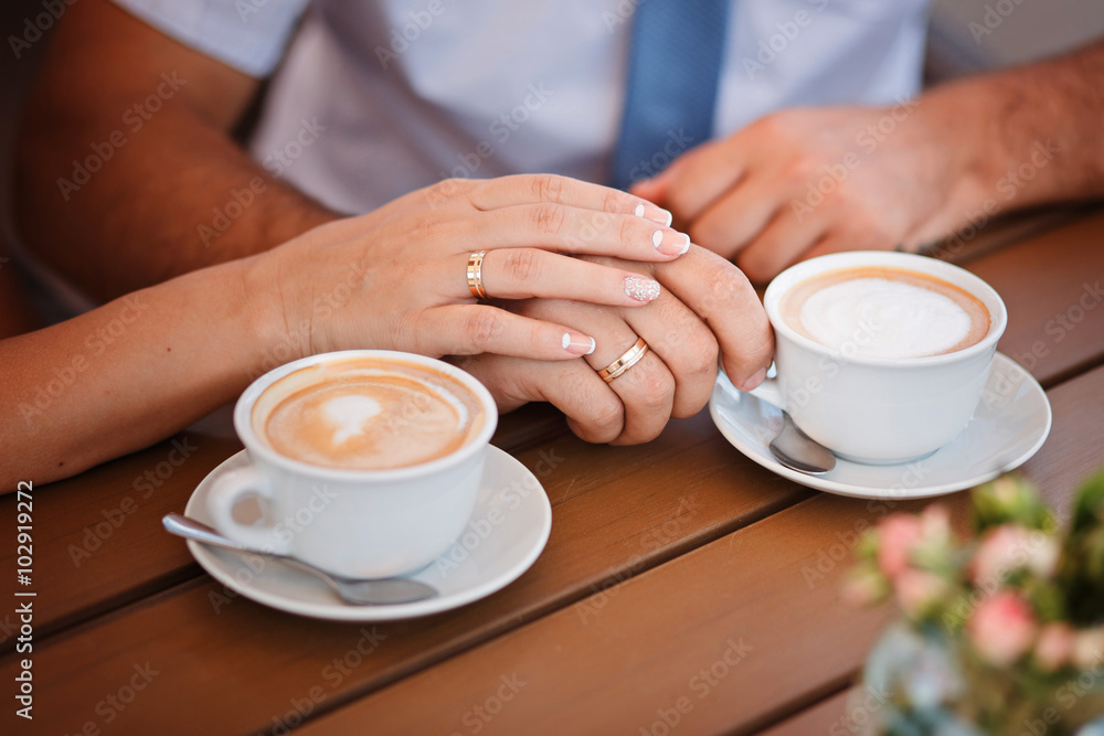 Hands of bride and groom in wedding rings