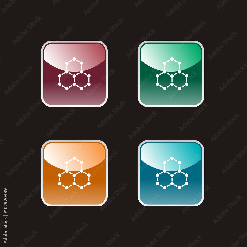 Icono de una molécula sobre botones de colores. Ilustración vectorial