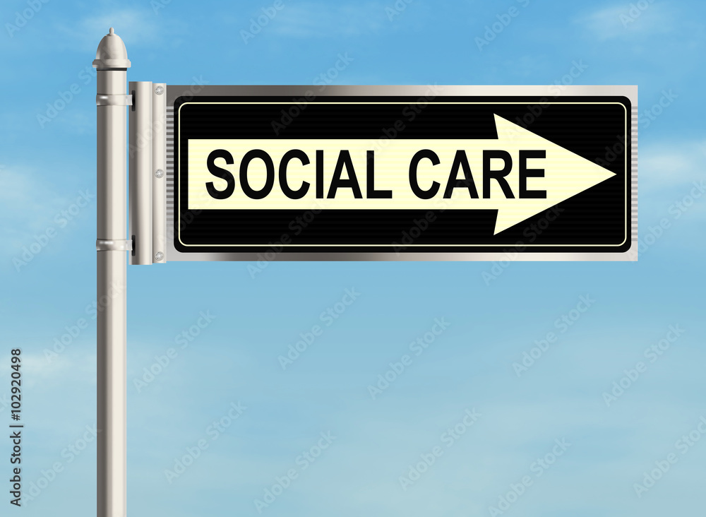 Social care. Road sign on the sky background. Raster illustration. Social care. Road sign on the sky background. Raster illustration.