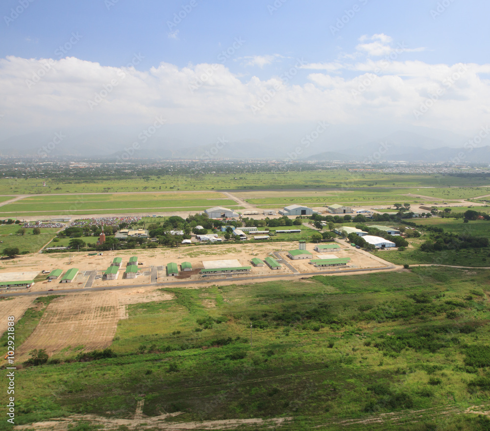 Aerial view of the airfield and runways